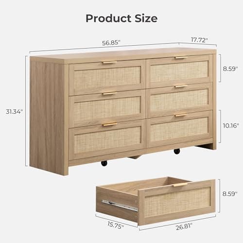 SICOTAS Rattan 6-Drawer Dresser, 57 in Wide (Reclaimed Light Oak) thumbnail 3