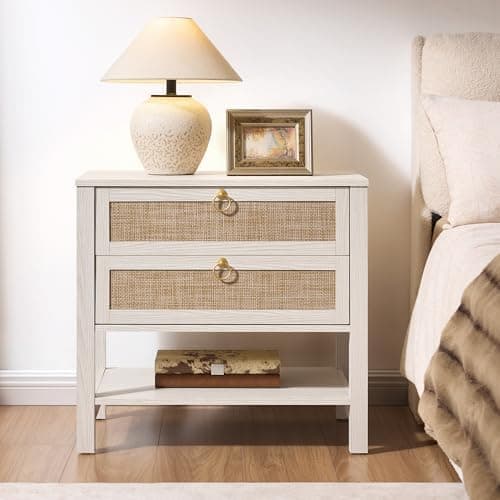 SICOTAS White Rattan Nightstand Set of 2 with Drawers thumbnail 4