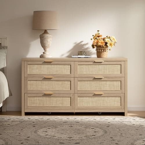 SICOTAS Rattan 6-Drawer Dresser, 57 in Wide (Reclaimed Light Oak) thumbnail 5