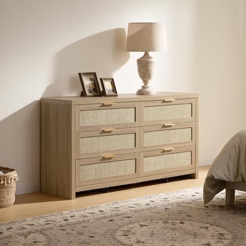SICOTAS Rattan 6-Drawer Dresser, 57 in Wide (Reclaimed Light Oak) thumbnail 4