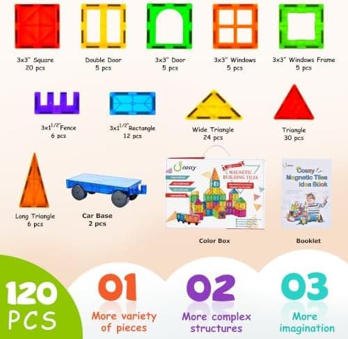 cossy 120-Piece Magnetic Tiles with 2 Cars, STEM Building Set thumbnail 3