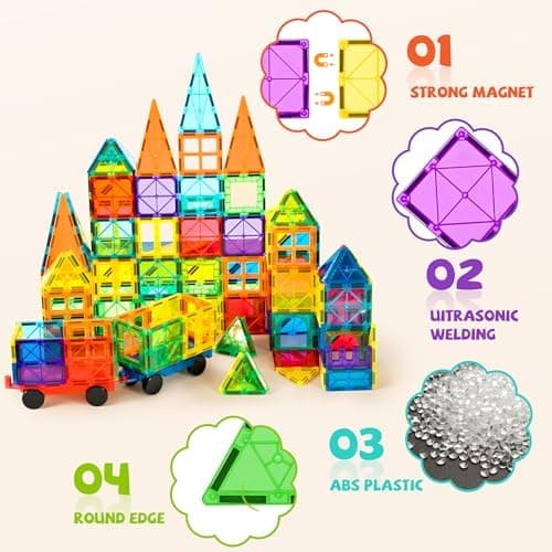 cossy 120-Piece Magnetic Tiles with 2 Cars, STEM Building Set thumbnail 4
