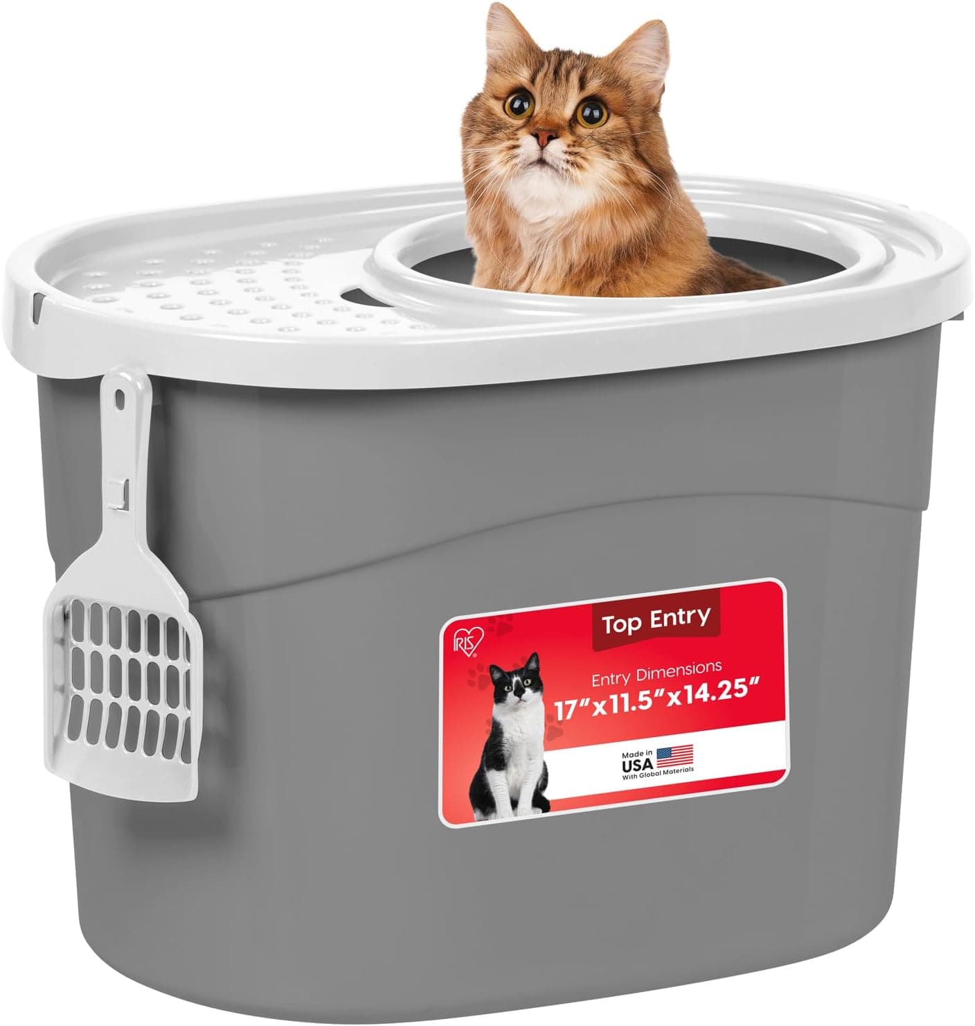 IRIS USA Top Entry Cat Litter Box with Scoop, Large (Gray/White)