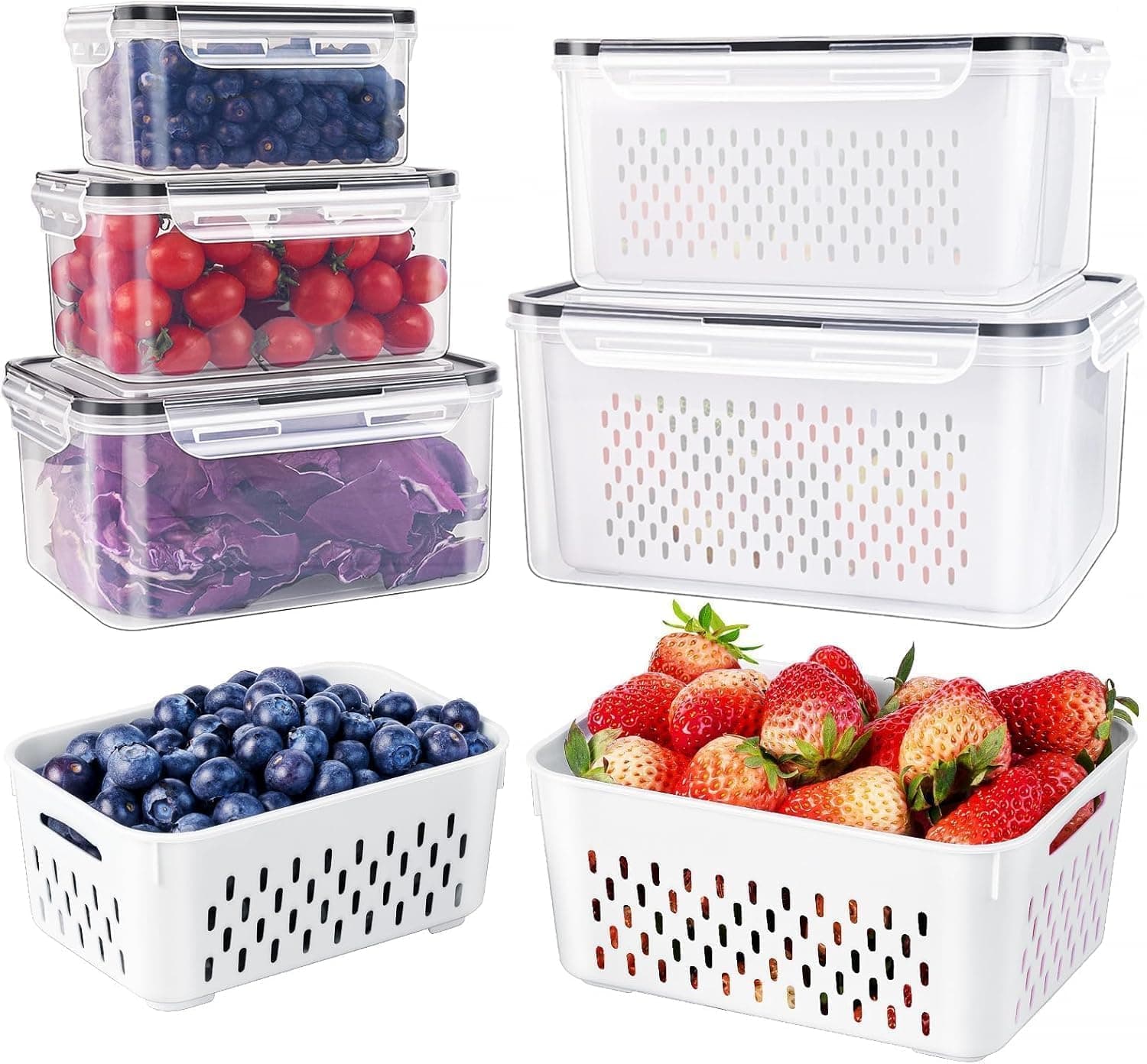 Fruit Storage Containers for Fridge with Removable Colander, 5-Pack