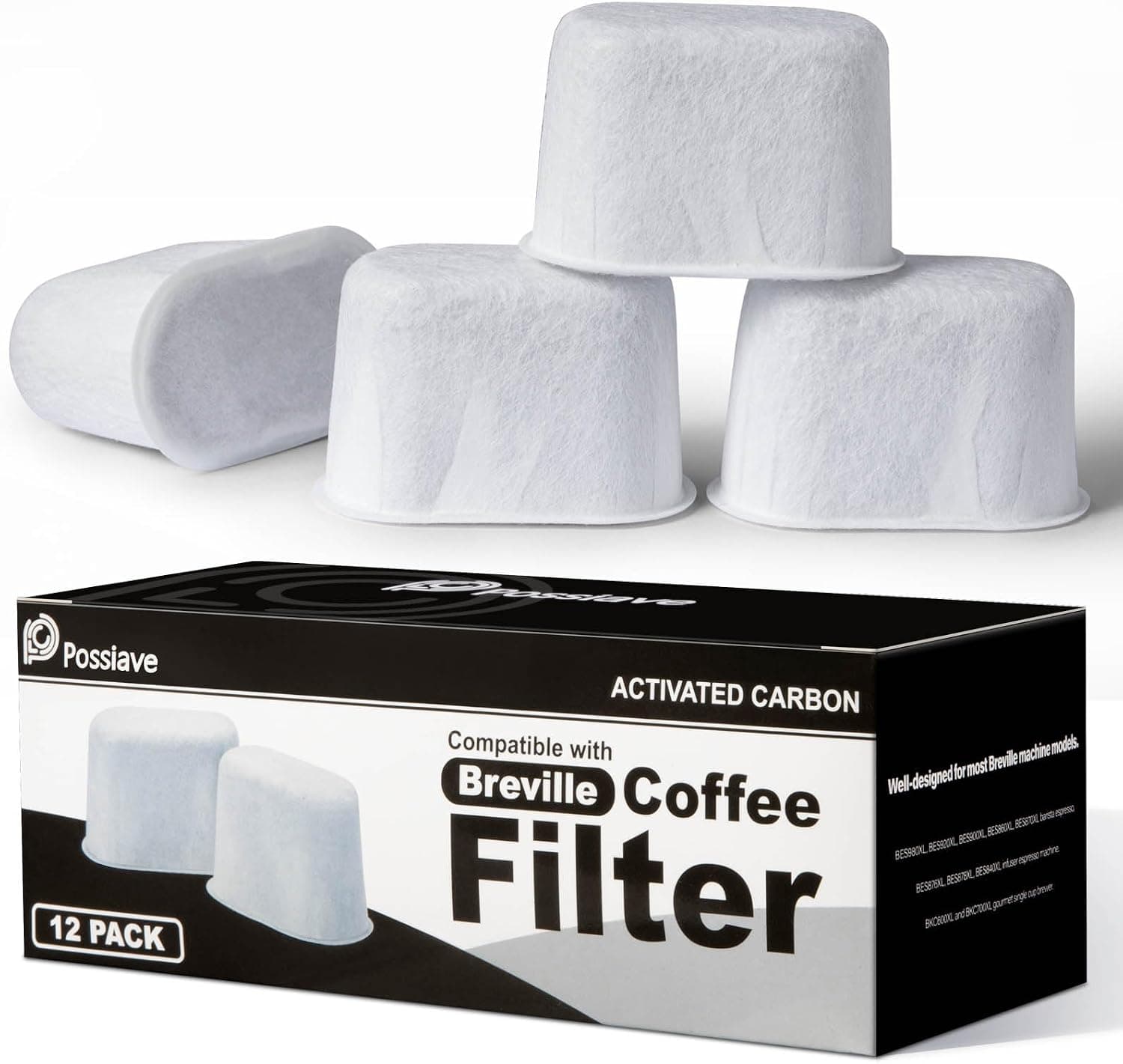 Possiave Charcoal Water Filters for Breville Espresso Machines, 12-Pack