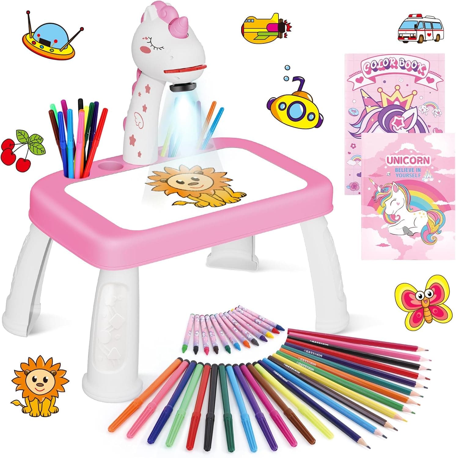 Kids Drawing Projector Table with Pens, Pencils, Crayons and Stickers