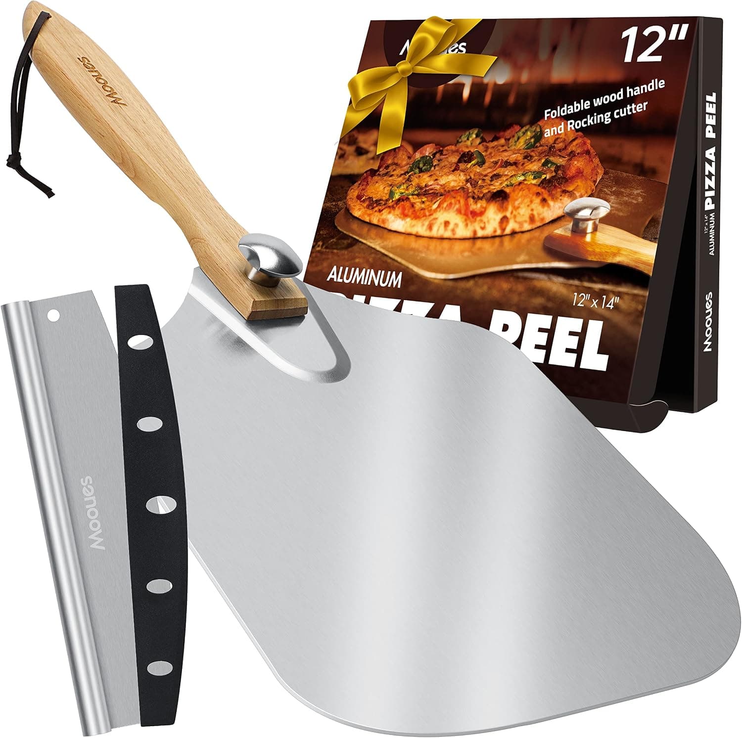 Mooues 12-Inch Aluminum Pizza Peel with Folding Handle and Rocker Cutter