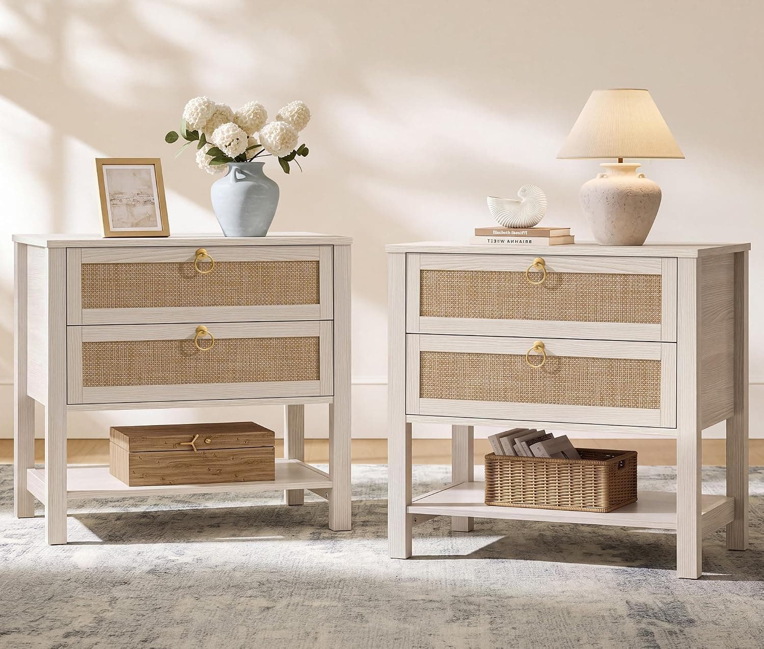 SICOTAS White Rattan Nightstand Set of 2 with Drawers