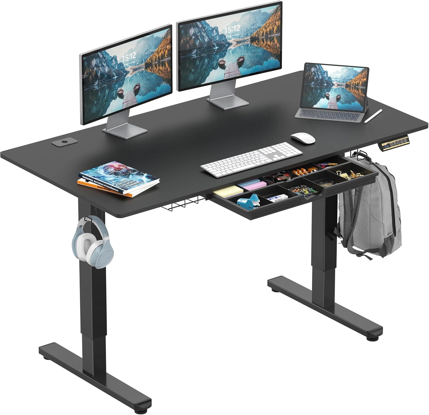 SHW 55 x 28 Electric Height Adjustable Standing Desk with Drawer, Black
