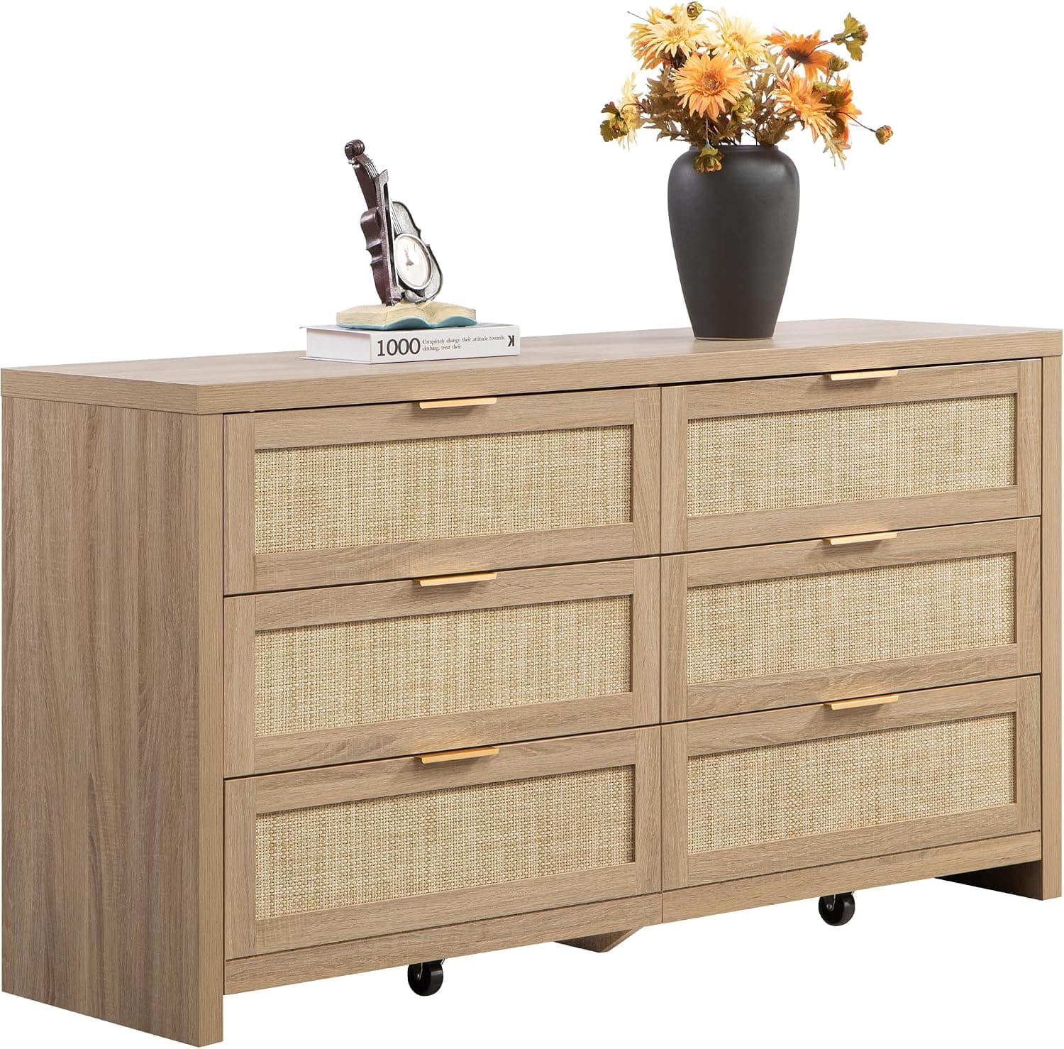 SICOTAS Rattan 6-Drawer Dresser, 57 in Wide (Reclaimed Light Oak)