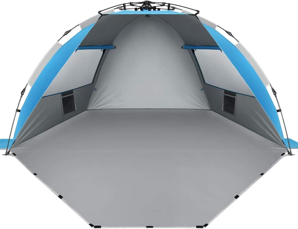 Oileus X-Large 4 person beach tent sun shelter in blue set up on sand