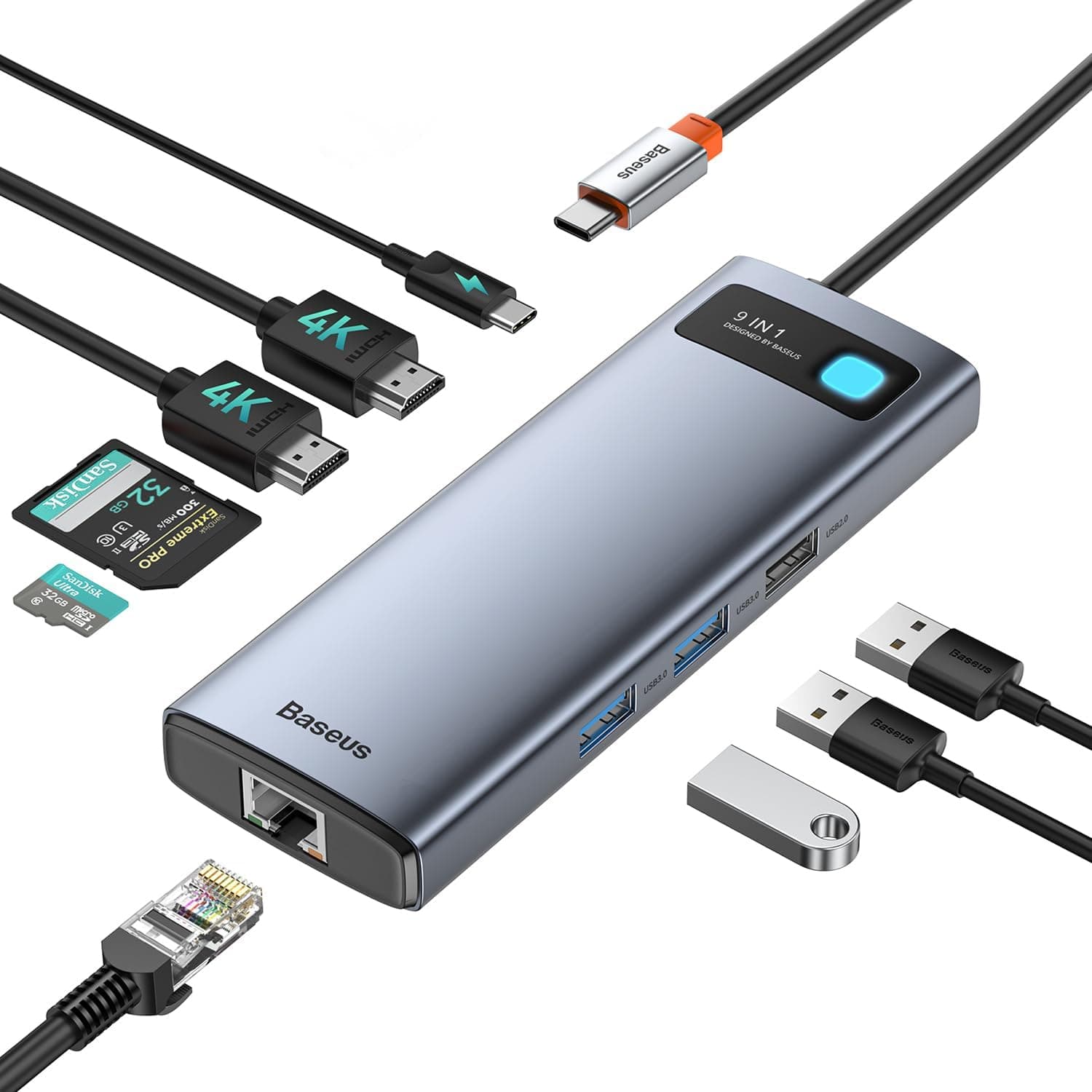 Baseus 9‑in‑1 USB‑C Docking Station (Dual 4K, 85W PD)