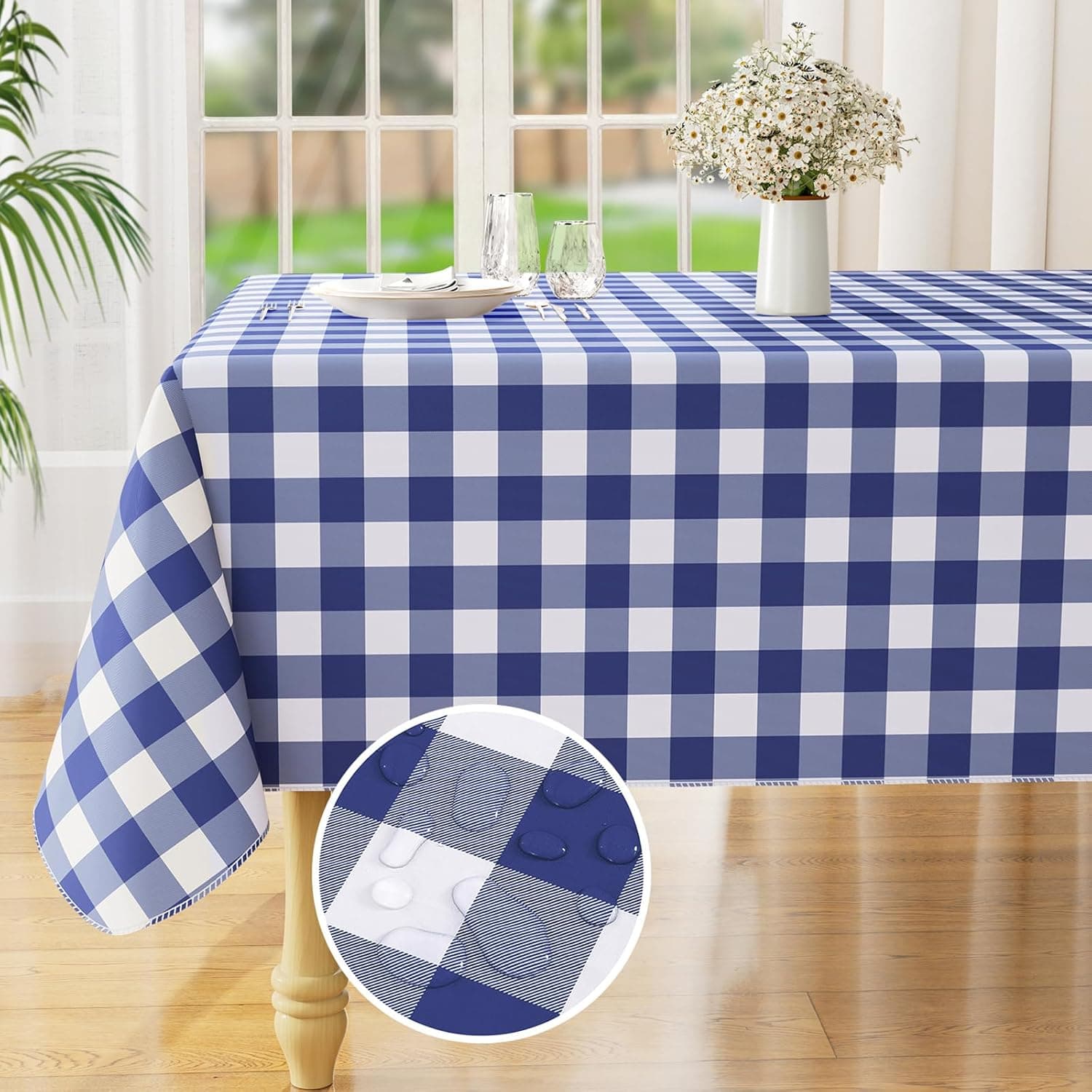 misaya Square Waterproof Vinyl Table Cloth (54" x 54", White and Navy)