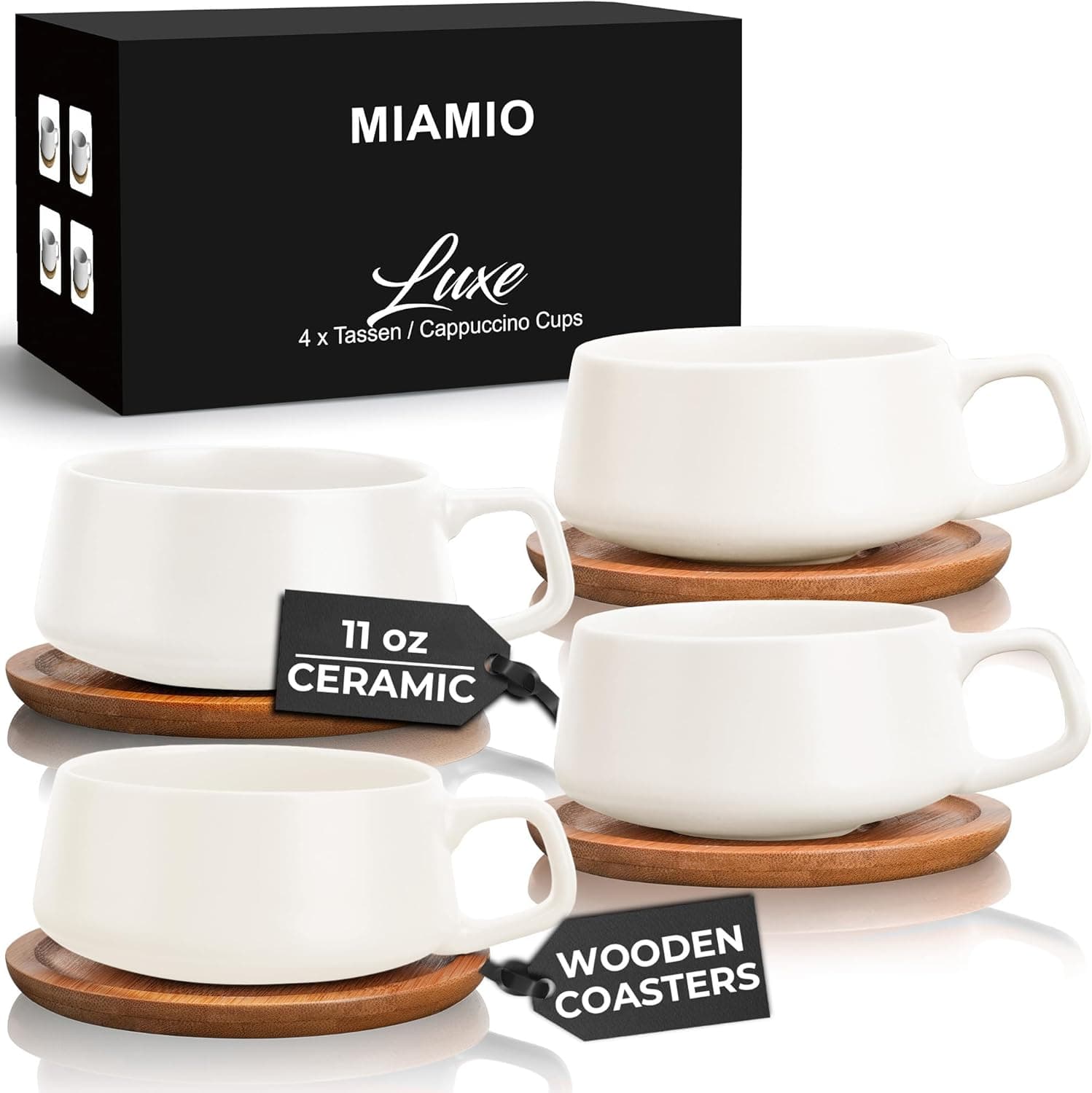 MIAMIO Luxe 11oz Cup & Saucer Set (4‑Pack, White)