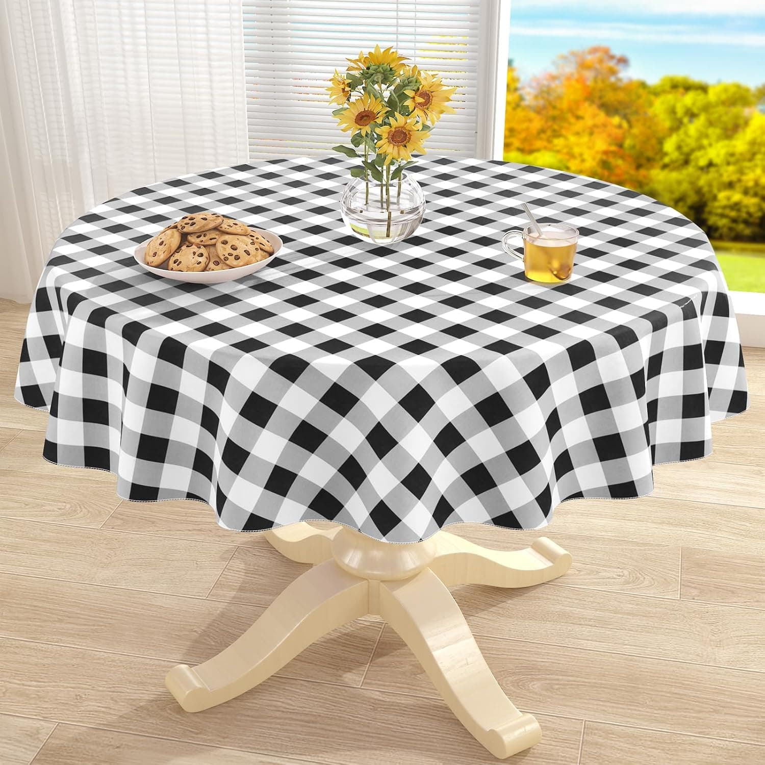 misaya Round Waterproof Vinyl Table Cloth (60", Black and White)