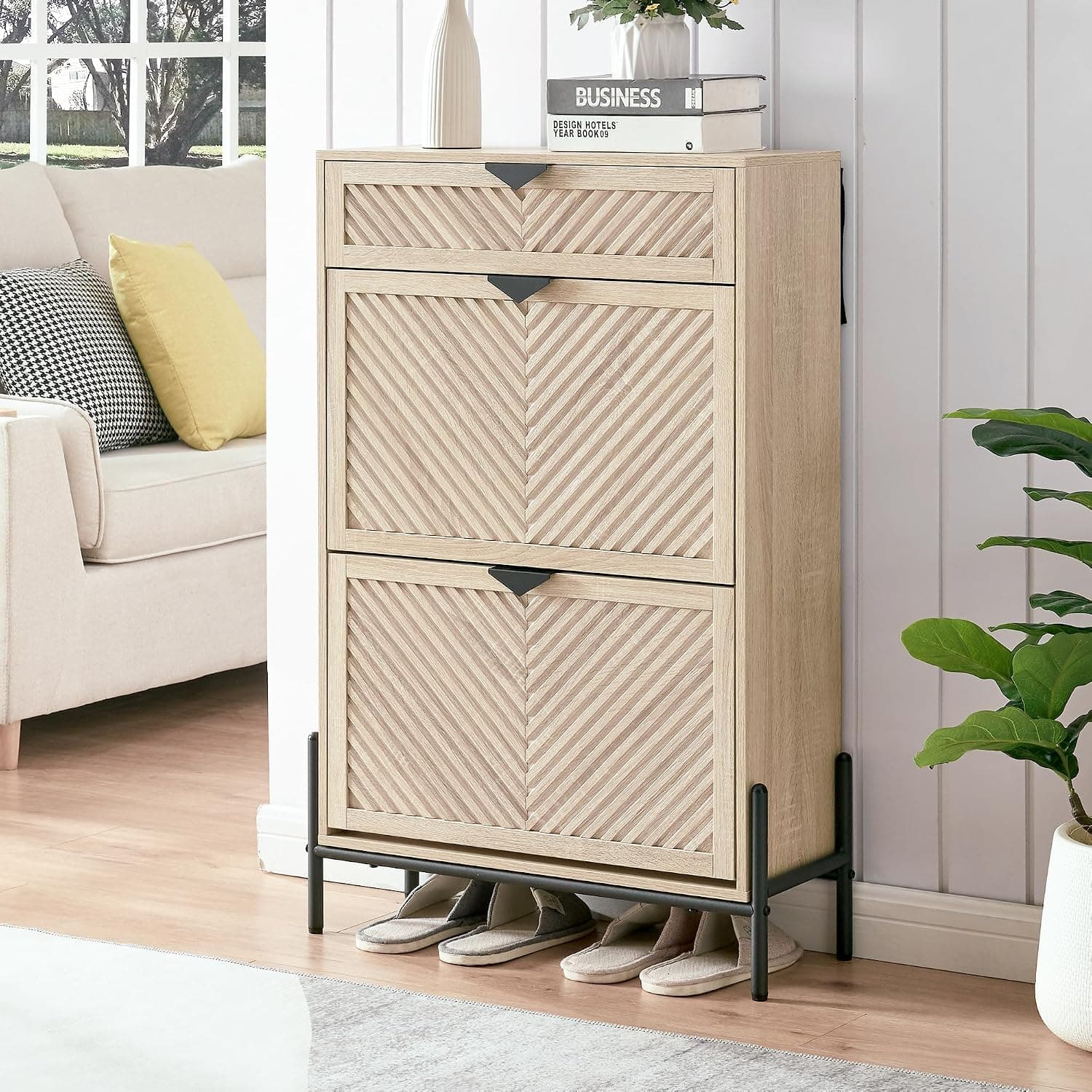 VIPLUMI Narrow Shoe Cabinet with 2 Flip Drawers, Oak
