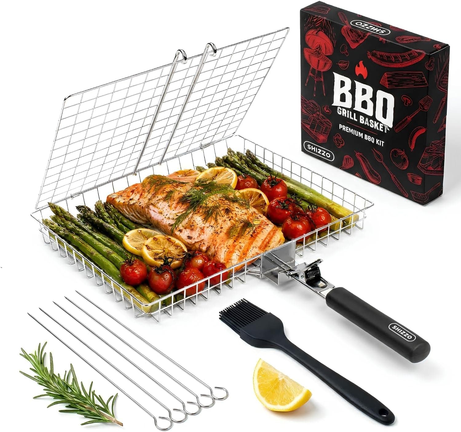 SHIZZO Grill Basket Set with Skewers and Basting Brush